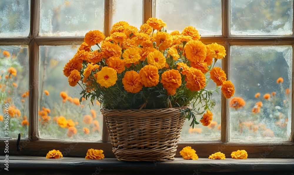 Sticker Marigolds in basket by window, autumn garden view