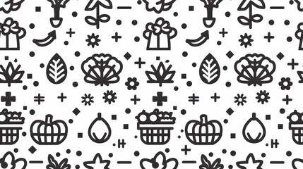Fototapeta premium Seamless Pattern of Small Organic Fruits and Vegetables in a Thin Line Doodle Design in Grey and White for a Fresh and Clean Look