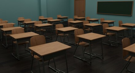 Empty Classroom: Desks and chairs in a quiet, light-filled classroom, ready for students and learning, evoking a sense of anticipation.