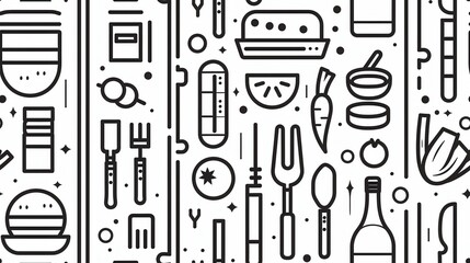 Fototapeta premium Seamless Pattern of Small Organic Fruits and Vegetables in Thin Outline Doodle Design for Fresh and Healthy Themes