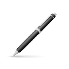 3D detailed classic ballpoint pen isolated on white. Render black pen with button. Office and school equipment, stationery. Vector illustration