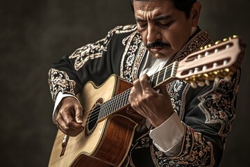 A Mexican mariachi musician in a finely embroidered charro suit, playing his guitar passionately.