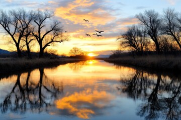 Obraz premium A golden sunset reflecting off a calm river, with silhouettes of birds flying overhead
