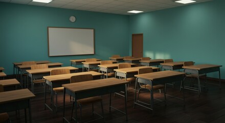 Empty Classroom: An interior shot of an empty classroom, filled with rows of student desks, a blank board, and other scholastic materials. It's a scene of learning and education.