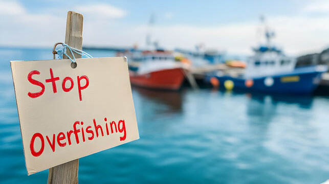 A handmade sign urging action against overfishing stands near fishing boats at the harbor. Ideal for environmental movements, sustainable fishing campaigns, or activism materials. Selective focus