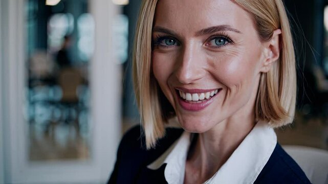 Portrait of a successful businesswoman smiling confidently in a modern office setting, radiating professionalism and competence while embodying the essence of leadership and ambition