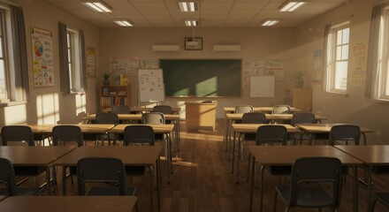 Empty Classroom: A sunlit classroom ready for learning, filled with rows of desks and chairs, a blackboard and various teaching aids create a space of knowledge and growth.