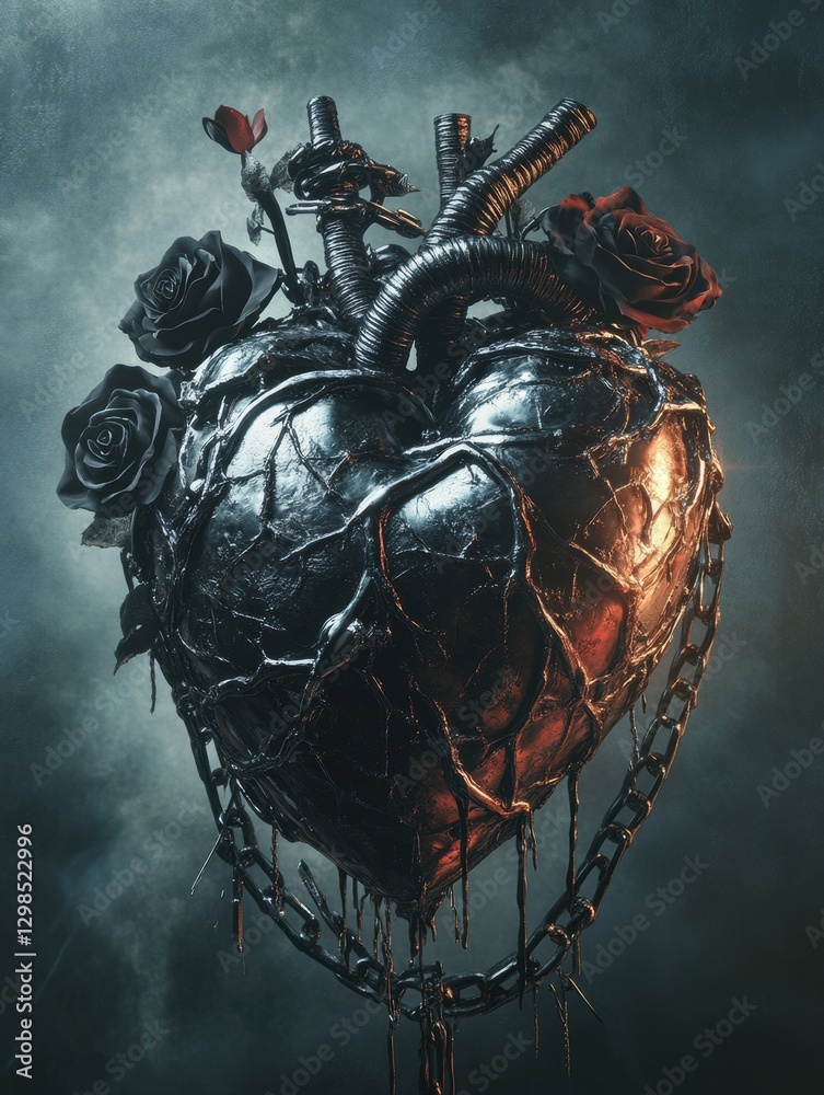 Poster striking metallic heart sculpture adorned with black roses and chains in a dark, moody atmosphere. g