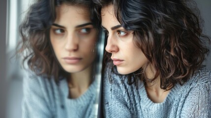 Obraz premium Reflection of a Woman Feeling Sadness While Gazing at Her Image in the Mirror in a Softly Lit Room During a Quiet Afternoon