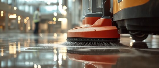 floor cleaner machine scrubbing wet surface