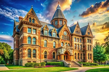 Obraz premium Classic US university building, photorealistic AI image, historic detail.