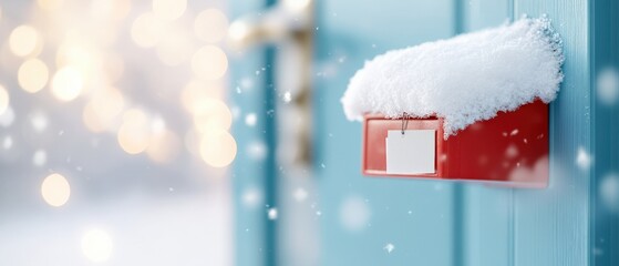Red Mailbox on blue door covered in snow