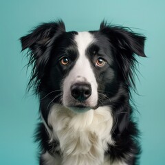 Fototapeta premium Portrait of a Border Collie Looking Directly at the Camera With a Bright Turquoise Blue Background