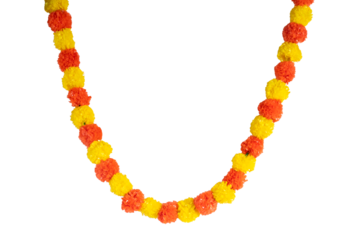 Colorful artificial marigold flower garland for festive and decorative celebrations.