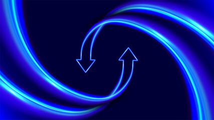 Circulation arrows in motion. Up and down trends. Futuristic 3D neon style. Business, personal growth, quick result. Innovation technology and finance.