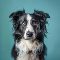 Fototapeta premium Portrait of a Border Collie Looking Directly at the Camera Against a Bright Turquoise Blue Background With an Attentive Expression