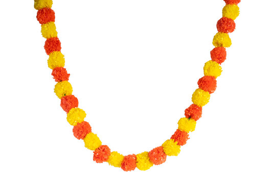 Colorful artificial marigold flower garland for festive and decorative celebrations.