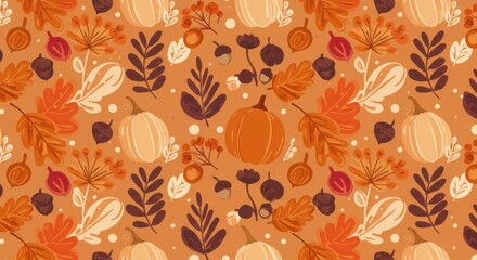 Autumn leaves pattern, fall foliage seamless design, pumpkin and acorns illustration, colorful leaf motif, botanical autumn elements
