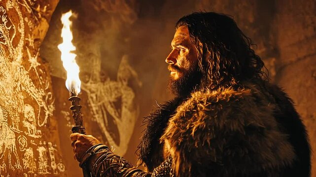 Caveman with Torch, Ancient Cave Paintings