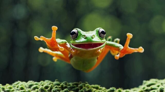 Green and orange flying frog jumping in the air with its mouth open and legs spread out in a rainforest setting with blurred bokeh background