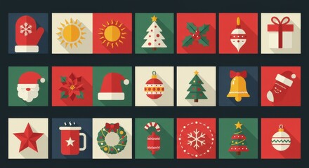 Christmas icons, festive symbols, advent calendar, colorful illustrations, flat design, mitten, sun, Christmas tree, snowflake, poinsettia, holly, Santa hat, wreat
