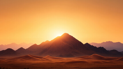 Breathtaking sunset over desert mountains, showcasing warm orange hues and serene sand dunes. perfect moment of tranquility in nature beauty