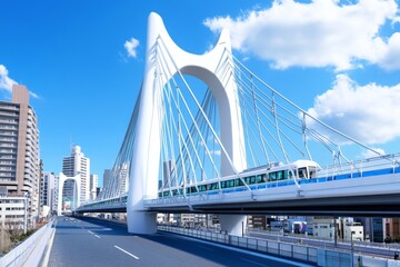 Fototapeta premium A futuristic cable-stayed pedestrian bridge spanning over a large city intersection