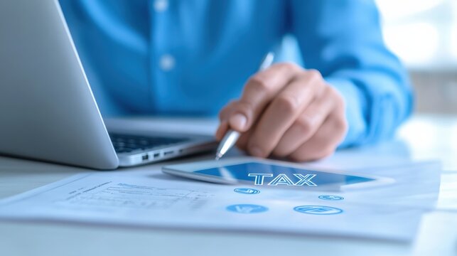 Filing taxes with laptop and paperwork.