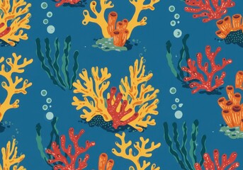 Colorful coral reef pattern, seamless underwater design, vibrant marine life, blue background, yellow orange and red corals, aquatic plants, stylized ocean floor