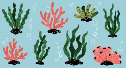 Naklejka premium Colorful coral reef illustrations, diverse seaweed types, underwater flora, marine life diversity, whimsical ocean plants, hand-drawn aquatic vegetation