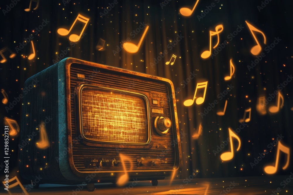 Poster vintage radio broadcasting music with glowing notes in a warm, atmospheric setting. generative ai