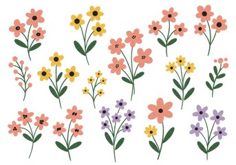 Colorful whimsical floral illustrations, hand-drawn style, pastel color palette, simple flower shapes, botanical elements, dainty wildflowers, cute doodles, cheerful spring