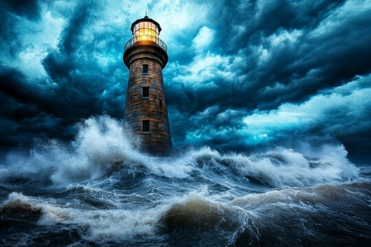 A haunted coastal lighthouse on a stormy night, with crashing waves and an eerie glow from the tower
