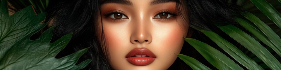 Obraz premium Beauty Portrait of Young Asian Woman with Flawless Skin and Tropical Foliage, Natural Makeup Look