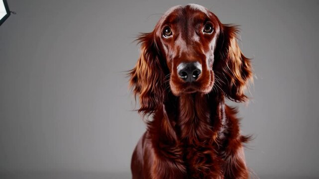 Professional photoshoot of an irish setter dog sitting calmly in a studio setting, illuminated by softboxes, creating a glamorous and elegant atmosphere