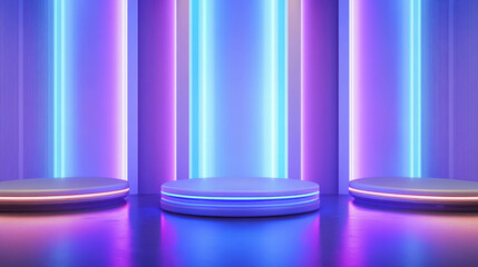 Futuristic display with three podiums and rotating platform in neon lights