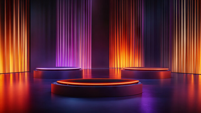 Colorful rotating platforms with glowing podiums in vibrant light display for event design
