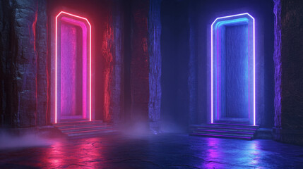 Futuristic neon podiums in sci-fi spaceship interior