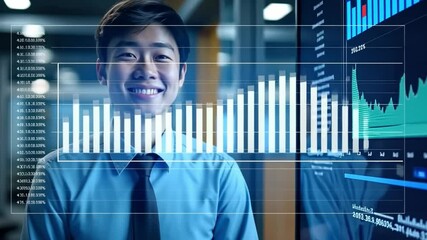 Asian Businessman and Financial Data: A confident Asian businessman in a modern office setting, smiling at the camera with overlaid financial data visualization. - Powered by Adobe