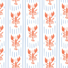 Stripes lobster seamless pattern. Sea, ocean, marine, summer beach repeat background. Tropical wallpaper, cute coastal print, wrap paper, retro fabric, textile design. Hand drawn vector illustration.