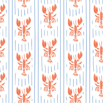 Stripes lobster seamless pattern. Sea, ocean, marine, summer beach repeat background. Tropical wallpaper, cute coastal print, wrap paper, retro fabric, textile design. Hand drawn vector illustration.