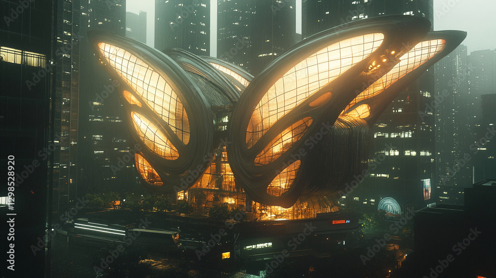 Poster a futuristic butterfly-shaped building illuminated with glowing lights amidst a modern city skyline,