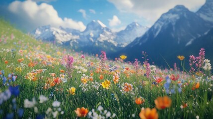 Fototapeta premium Colorful wildflowers bloom in a meadow, with snow-capped mountains behind, on a bright sunny day