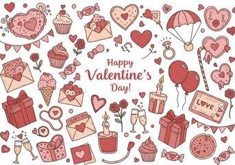 Valentine's Day illustration, cute doodles, love elements, hearts, flowers, cupcakes, ice cream cone, gift boxes, balloons, envelope, candle, diamond ring, champagne glasses