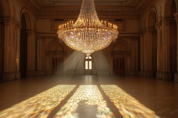 Elegant chandelier casts shimmering light in a grand, historic hall during daylight