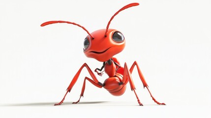 Cartoon ant stands playfully on white. Red insect with big eyes, bright background