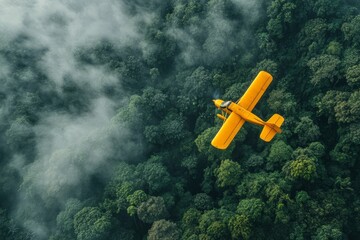 Yellow plane over lush green forest from above. AI image