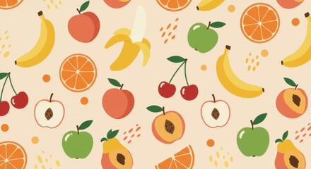 Obraz premium Colorful fruit pattern, cheerful illustration, bananas, oranges, cherries, apples, peaches, flat design, pastel background, seamless