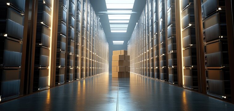 Cardboard boxes stacked in a high-tech data center server room setting