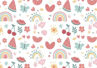 Cute summer pattern, colorful doodles, rainbows, watermelon slices, cherries, flowers, butterflies, stars, lips, hearts, pastel colors, cheerful, whimsical